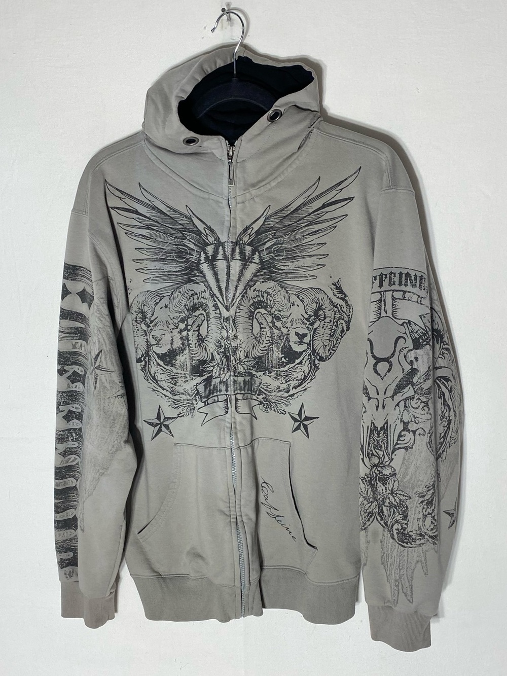 Vintage Y2K Caffeine New York Grunge Mall Goth Graphic Zip Up Hoodie Grey Size L